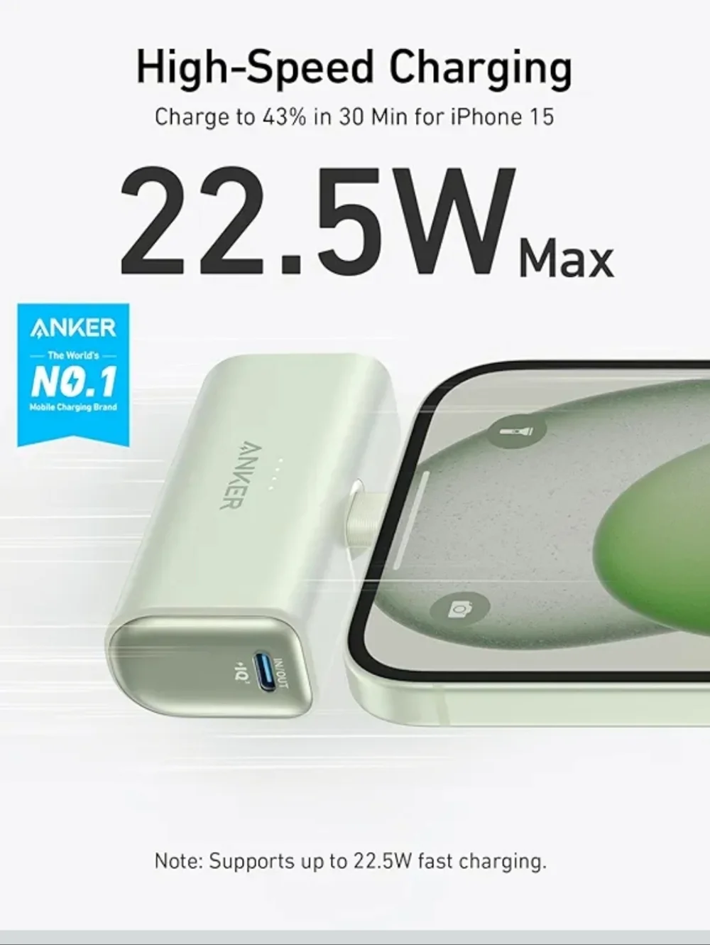 Anker Portable Power Bank in Mint Green with USB-C Tip